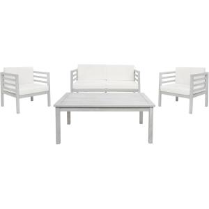 SAFAVIEH Outdoor Collection Kinnell Grey/Beige Cushion Solid Wood 4-Piece Conversation Patio Set(Grey/Beige)