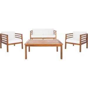 SAFAVIEH Outdoor Collection Kinnell Grey/Beige Cushion Solid Wood 4-Piece Conversation Patio Set(Natural/Beige)
