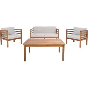 SAFAVIEH Outdoor Collection Kinnell Grey/Beige Cushion Solid Wood 4-Piece Conversation Patio Set(Natural/Light Grey)