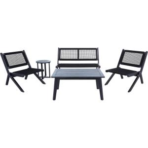 SAFAVIEH Outdoor Collection Kobina Natural/Natural Rope Solid Wood 5-Piece Conversation Patio Set(Black/Black)