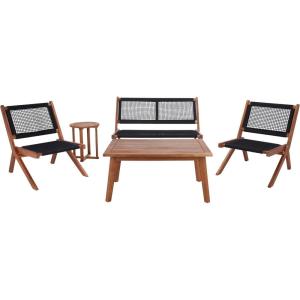 SAFAVIEH Outdoor Collection Kobina Natural/Natural Rope Solid Wood 5-Piece Conversation Patio Set(Natural/Black)