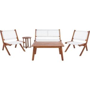 SAFAVIEH Outdoor Collection Kobina Natural/Natural Rope Solid Wood 5-Piece Conversation Patio Set(Natural/White)