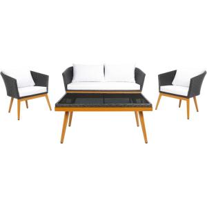 SAFAVIEH Outdoor Collection Malsor Black/White Wicker 4-Piece Outdoor Conversation Patio Set(Black/White)