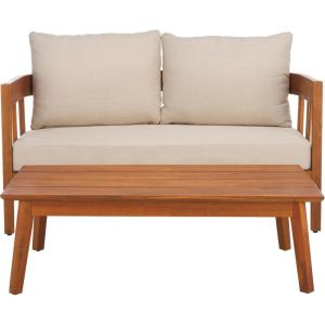 SAFAVIEH Outdoor Collection Owen Natural Brown/Taupe Cushion Solid Wood Bench & Table Set(Natural/Taupe)