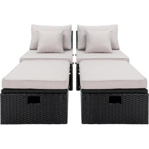 SAFAVIEH Outdoor Collection Pramla Black/Light Grey Cushion Settee & Ottoman (Fully Assembled) – Set of 2(Black/Light Grey)