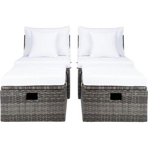 SAFAVIEH Outdoor Collection Pramla Black/Light Grey Cushion Settee & Ottoman (Fully Assembled) – Set of 2(Grey Brown / White)
