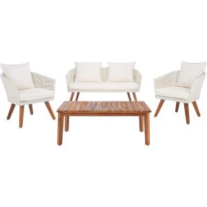 SAFAVIEH Outdoor Collection Velso Beige/Beige/Natural Solid Wood 4-Piece Conversation Patio Set(Beige/Beige)