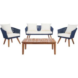 SAFAVIEH Outdoor Collection Velso Beige/Beige/Natural Solid Wood 4-Piece Conversation Patio Set(Navy/Beige)