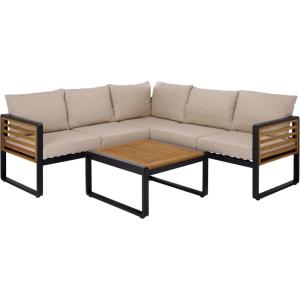 SAFAVIEH Outdoor Patio Furniture Collection – Baker Corner Set, Black & Taupe, Steel Frame with Acacia Wood Accents, Cushioned Modern Sectional Sofa with Table for Patio, Deck, or Backyard (PAT7757A)(Black/Taupe)