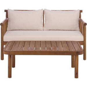 SAFAVIEH Outdoor Patio Furniture Collection – Cardori Teak & Cream Solid Wood Bench with Cushions and Coffee Table Set, 2-Piece Patio Seating Ensemble (PAT6808A)(Teak Brown/Cream)