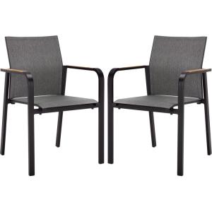 SAFAVIEH Outdoor Patio Furniture Collection – Dexter White Aluminum Arm Chair Set of 2 with Teak Arms, Textilene Seating, Fully Assembled (PAT4050C-SET2)(Black)