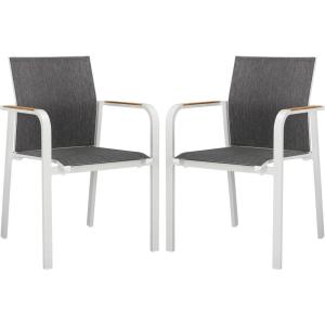SAFAVIEH Outdoor Patio Furniture Collection – Dexter White Aluminum Arm Chair Set of 2 with Teak Arms, Textilene Seating, Fully Assembled (PAT4050C-SET2)(White)