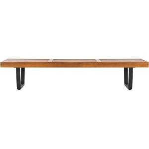 SAFAVIEH Outdoor Patio Furniture Collection – Heather Natural Brown Solid Wood Patio Bench with White Steel Legs, 72-Inch Modern Outdoor Seating for Garden, Porch or Patio (PAT7327A)(Natural/Black)