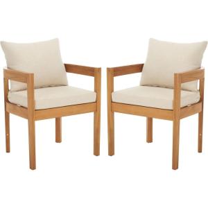 SAFAVIEH Outdoor Patio Furniture Collection – Kento Dining Chair Set of 2, Solid Wood Frame with Taupe Cushions, Fully Assembled, Natural Finish (PAT7096A)(Natural/Taupe)