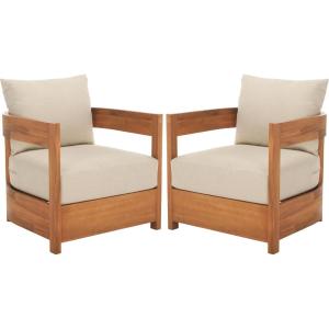SAFAVIEH Outdoor Patio Furniture Collection – Kento Natural Wood Arm Chair Set of 2 with Taupe Cushions, Wide & Deep Comfortable Seating, Modern Design (PAT7097A)(Natural/Taupe)