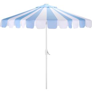 SAFAVIEH Outdoor Patio Furniture Collection – Meze 9 Ft Crank Patio Umbrella, Baby Blue Stripe & White Pole, Market Umbrella with Crank Lift (PAT8023U)(Baby Blue Striped/White)
