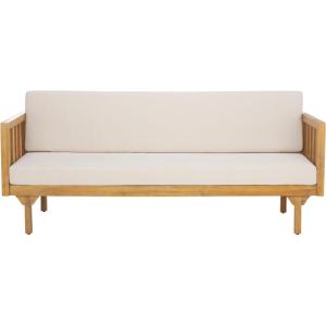 SAFAVIEH Outdoor Patio Furniture Collection – Napoli Brown & Cream 3-Seater Wooden Bench with Cushions, Modern Slatted Design (PAT6804A)(Oak/Cream)