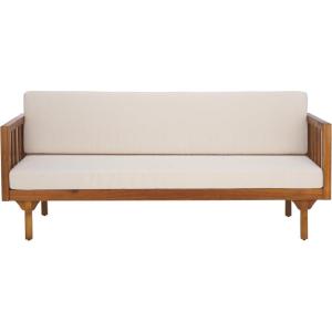 SAFAVIEH Outdoor Patio Furniture Collection – Napoli Brown & Cream 3-Seater Wooden Bench with Cushions, Modern Slatted Design (PAT6804A)(Teak Brown/Cream)