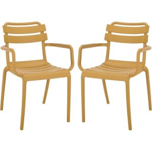 SAFAVIEH Outdoor Patio Furniture Collection – Sarah Green Stacking Dining Armchair Set of 2, Fully Assembled Outdoor Chairs, Modern Slatted Design, Weather-Resistant Patio Seating (PAT4703D-SET2)(Yellow)