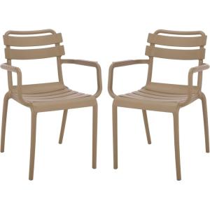 SAFAVIEH Outdoor Patio Furniture Collection – Sarah Green Stacking Dining Armchair Set of 2, Fully Assembled Outdoor Chairs, Modern Slatted Design, Weather-Resistant Patio Seating (PAT4703D-SET2)(Beige)