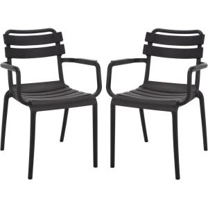 SAFAVIEH Outdoor Patio Furniture Collection – Sarah Green Stacking Dining Armchair Set of 2, Fully Assembled Outdoor Chairs, Modern Slatted Design, Weather-Resistant Patio Seating (PAT4703D-SET2)(Black)