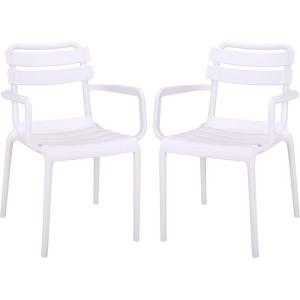 SAFAVIEH Outdoor Patio Furniture Collection – Sarah Green Stacking Dining Armchair Set of 2, Fully Assembled Outdoor Chairs, Modern Slatted Design, Weather-Resistant Patio Seating (PAT4703D-SET2)(White)