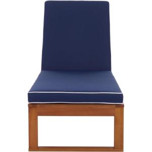 SAFAVIEH Outdoor Patio Furniture Collection – Sophie Natural Brown Solid Wood Chaise Lounge Chair, Adjustable Reclining, Hunter Green Stripe Cushion (PAT7101H)(Natural/Navy)