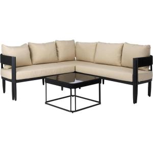 SAFAVIEH Outdoor Patio Furniture Collection – Viola Black & Grey Corner Set with Table, Modern Steel & Rope Sectional Sofa (PAT7754B)(Black/Taupe)