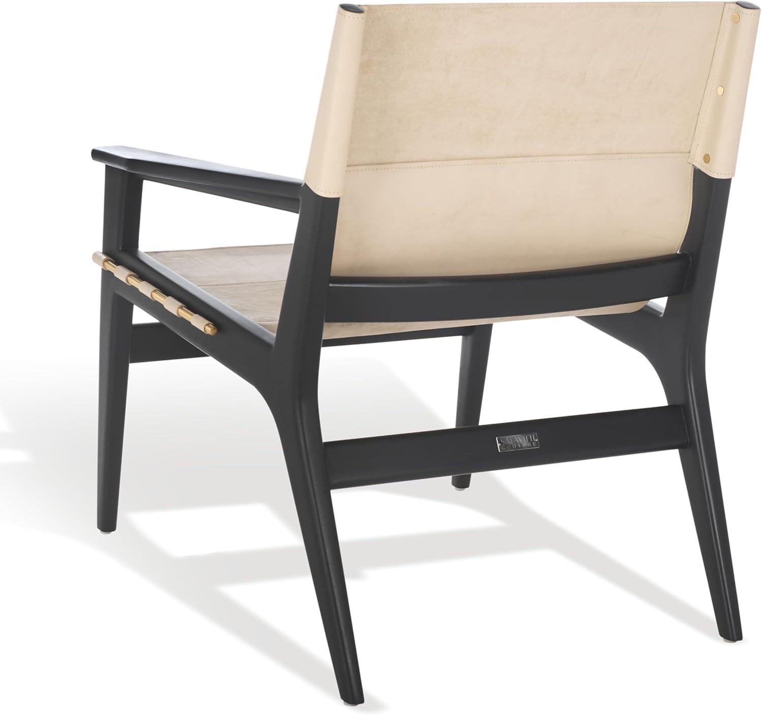 image:imageSAFAVIEH Couture Collection Culkin Black Solid WoodWhite Genuine Leather Sling Chair Fully AssembledBlackWhite