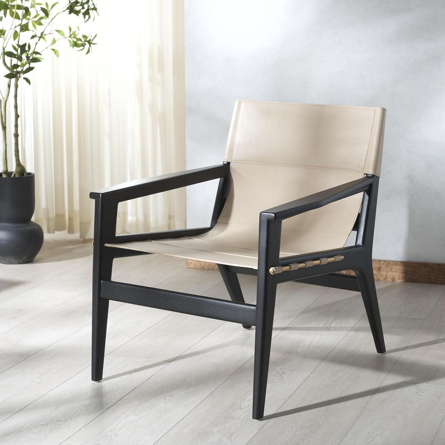 image:imageSAFAVIEH Couture Collection Culkin Black Solid WoodWhite Genuine Leather Sling Chair Fully AssembledBlackWhite
