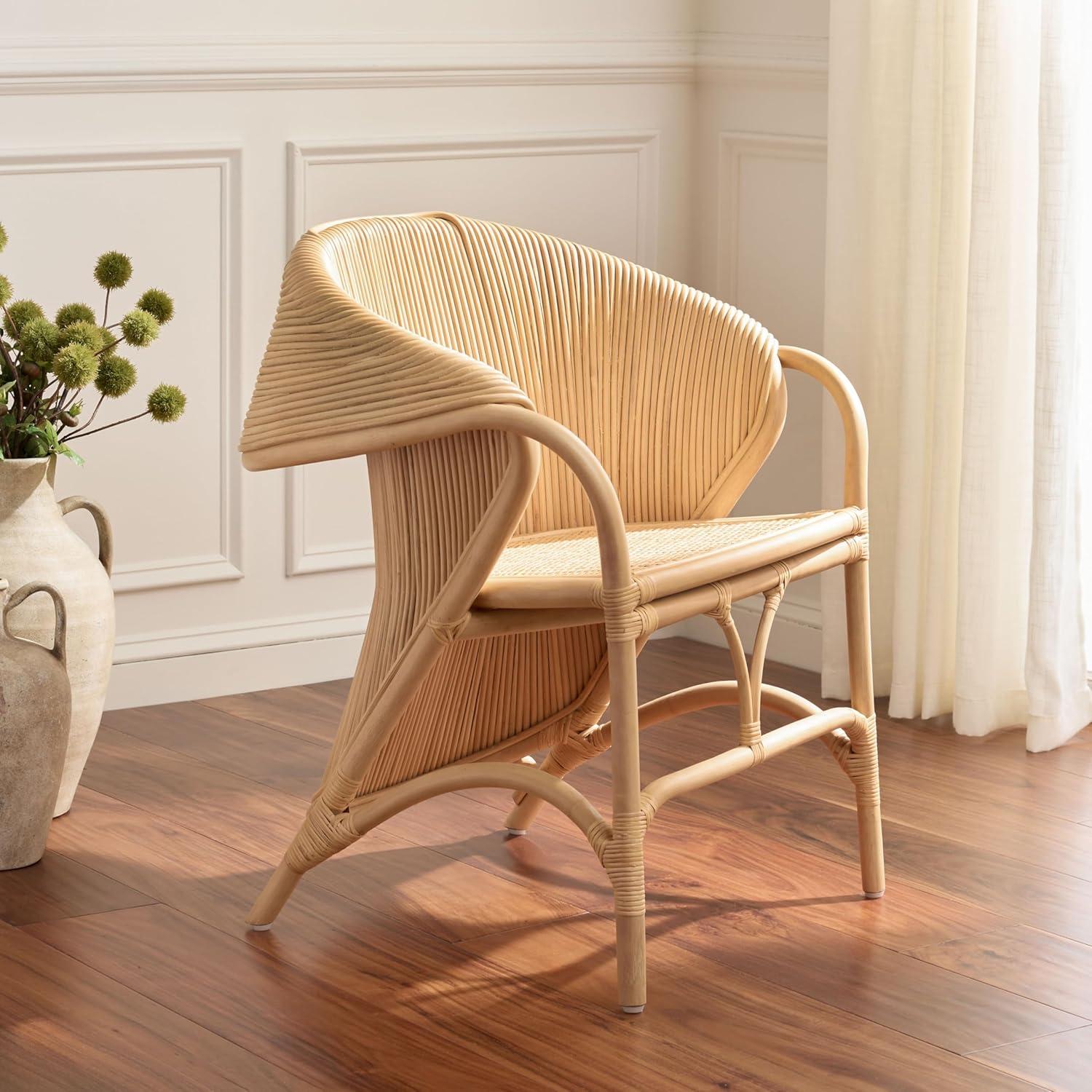 image:imageSAFAVIEH Home Collection Alyona Natural Rattan Arm Chair Sculptural Design Tropical Coastal Accent Seating Fully Assembled ACH6700ANatural