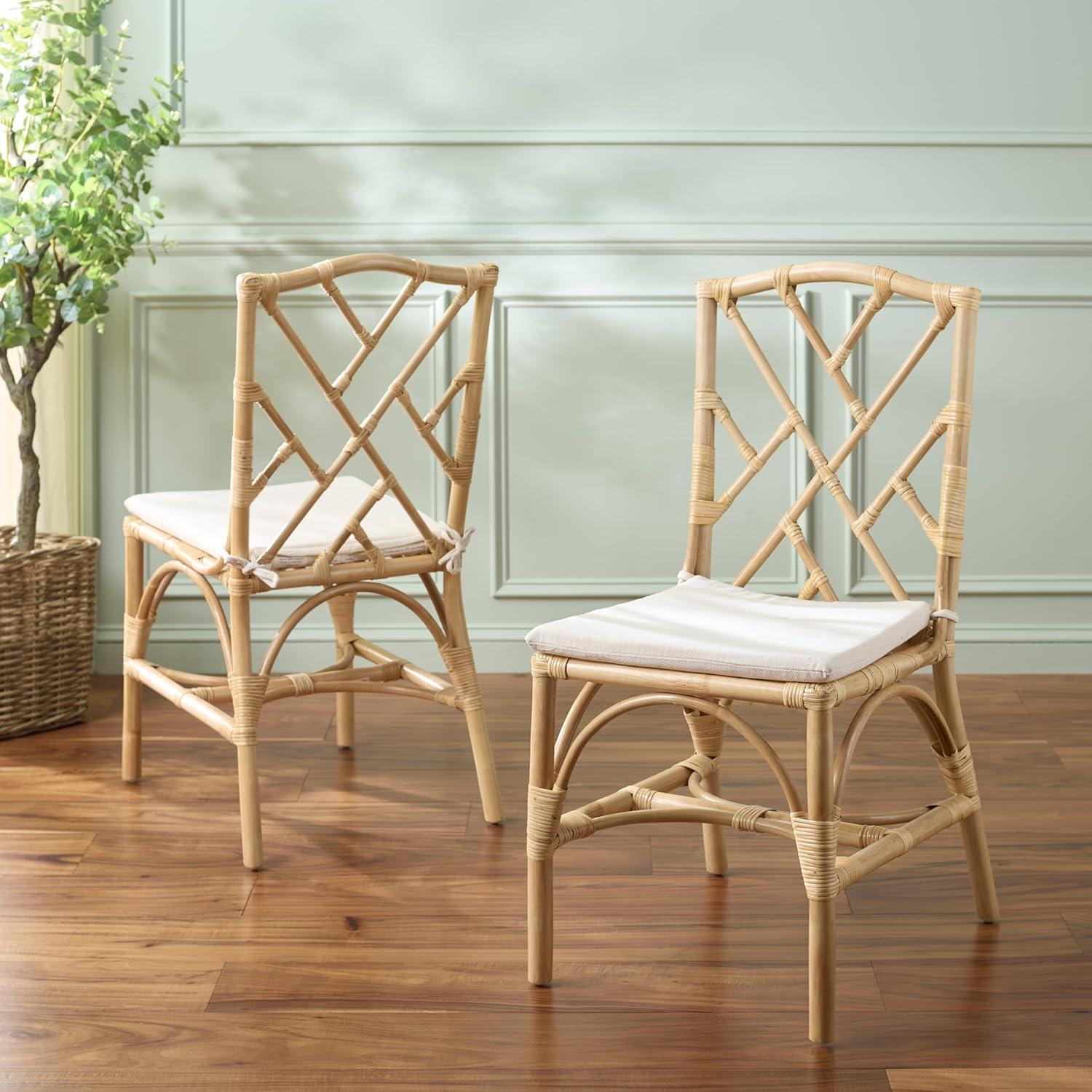 image:imageSAFAVIEH Home Collection Chadale Rattan Dining Chair Set of 2 Natural amp Cream Upholstered Seat Coastal Boho Accent Chairs Fully Assembled SEA8037ANaturalCream