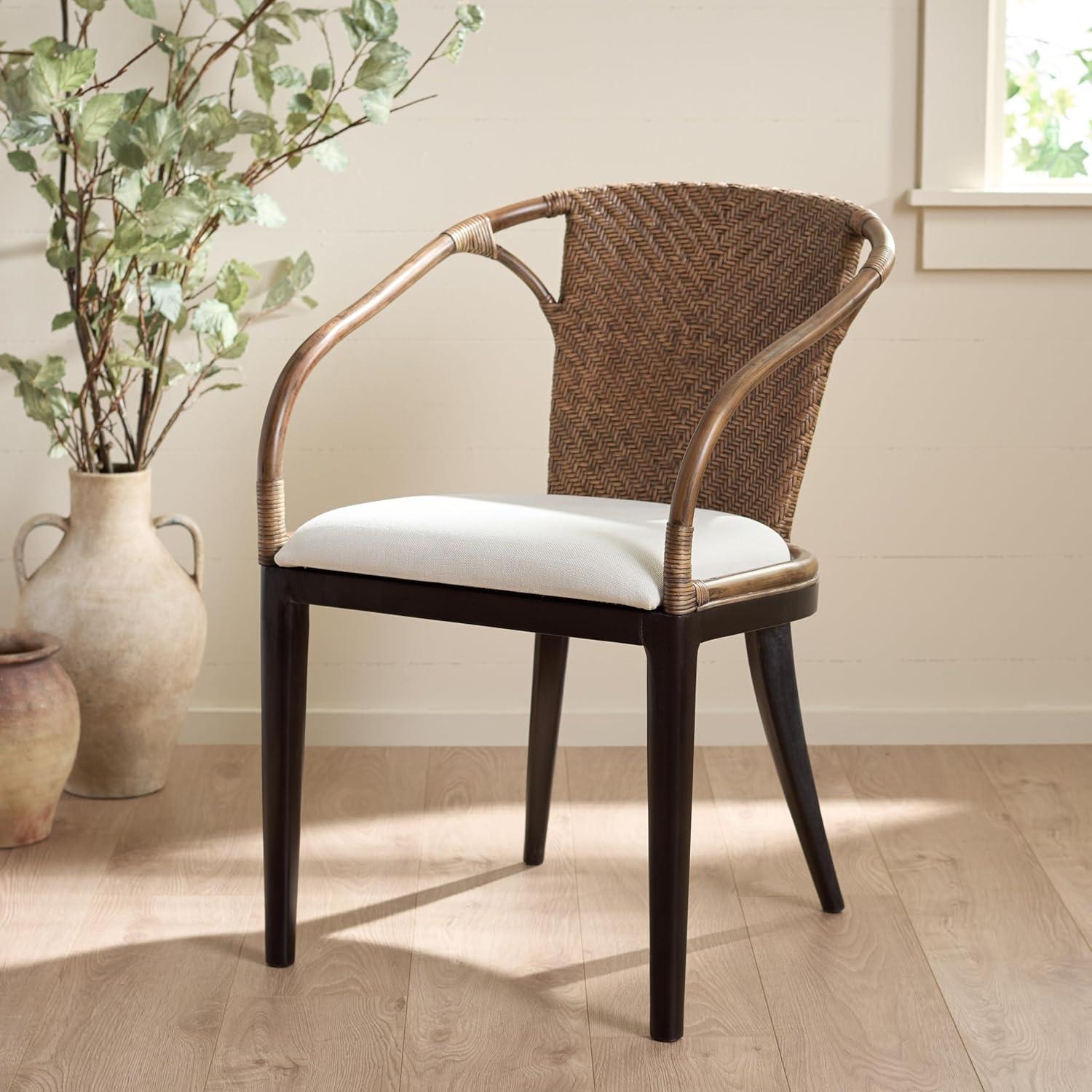 image:imageSAFAVIEH Home Collection Kumi Brown Rattan Arm Chair with Ivory Seat Cushion Coastal Modern Accent Seating Fully Assembled ACH4902ABrownIvory