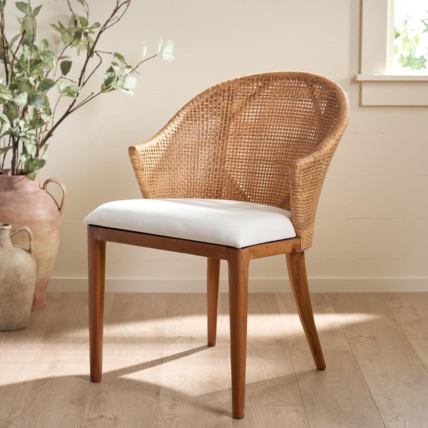 image:imageSAFAVIEH Home Collection Mura Brown Rattan Accent Chair with Ivory Seat Cushion Coastal Modern Seating Fully Assembled ACH4903AHoneyIvory