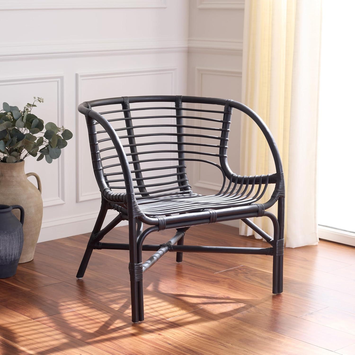image:imageSAFAVIEH Home Collection Valeriya Woven Rattan Arm Chair Black Finish Fully Assembled Accent Chair for Living Room or Bedroom Modern Boho Style ACH9903ABlack