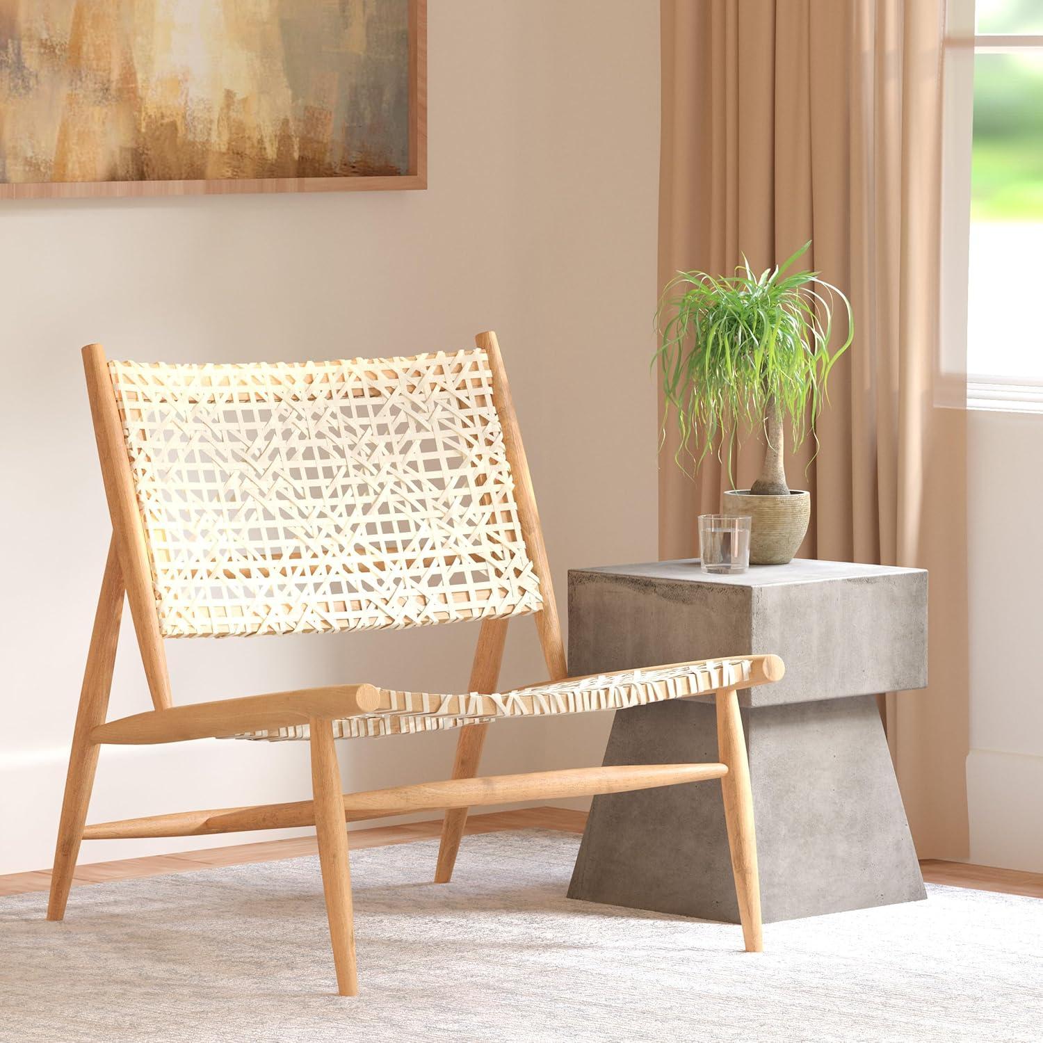 image:imageSAFAVIEH Home Collection Bandelier Natural Sungkai Solid WoodCognac Brown Leather Weave Accent Chair Fully AssembledWhite Natural