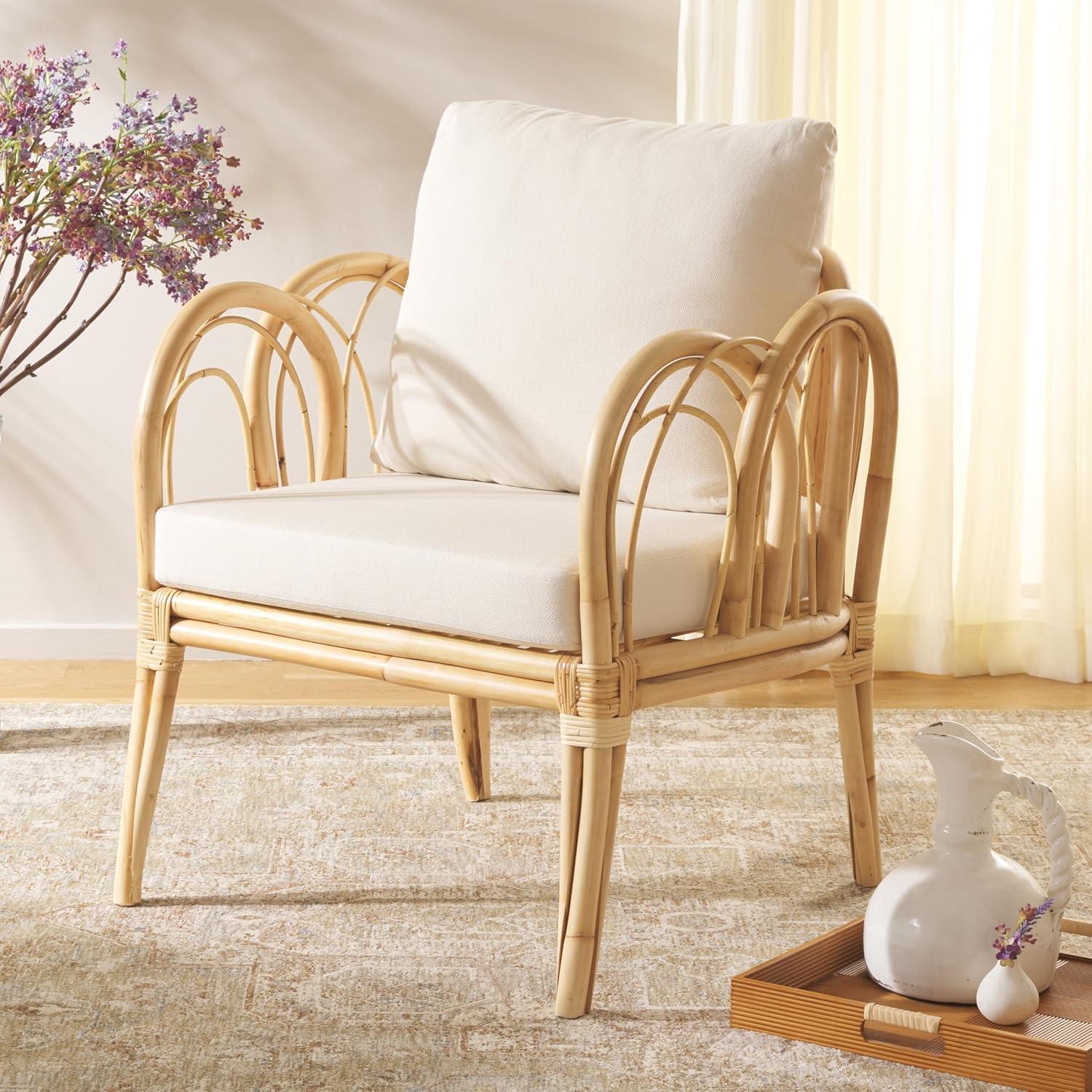 image:imageSAFAVIEH Home Collection Coralie Tropical WhiteNatural Solid Wood Accent Chair with Cushion Fully Assembled