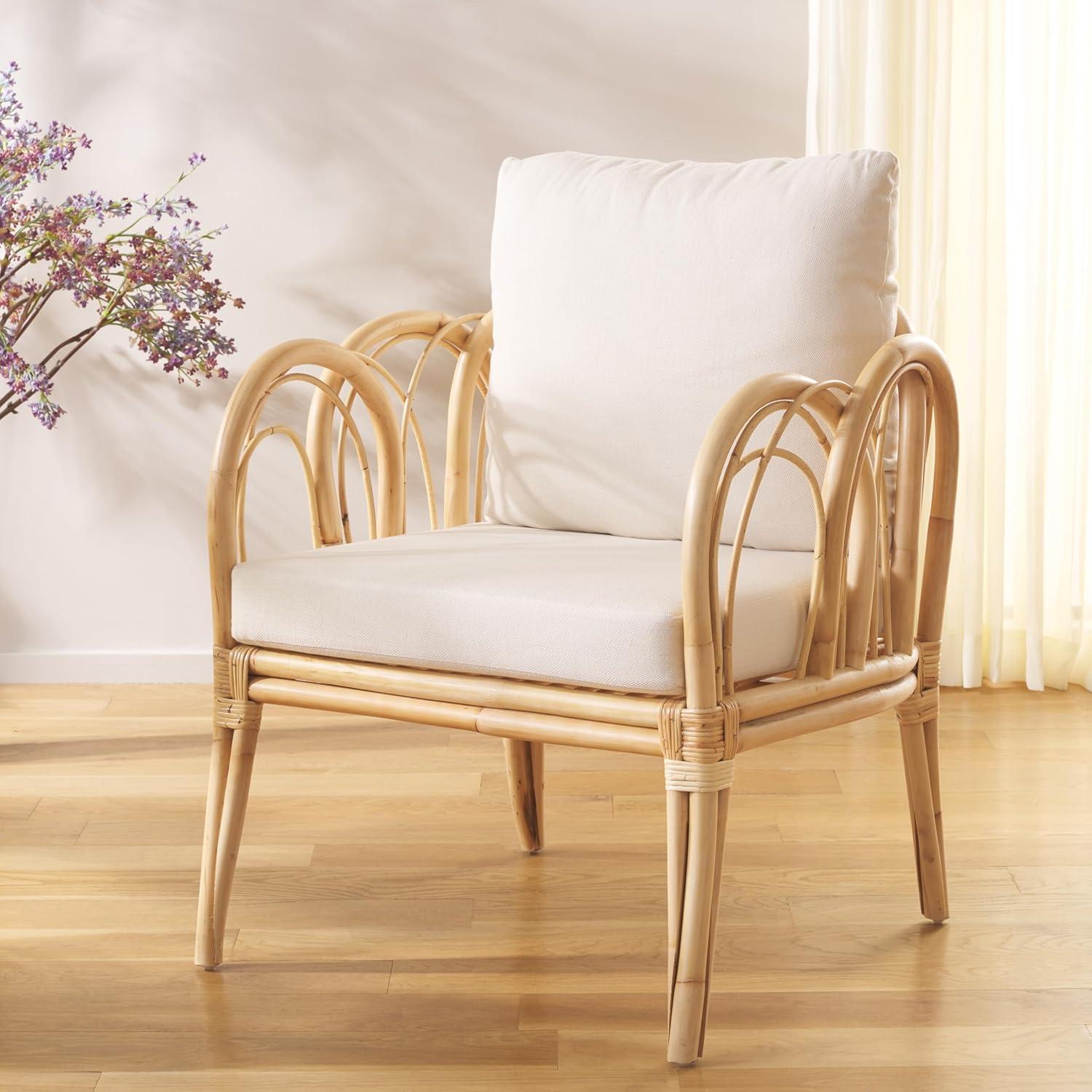 image:imageSAFAVIEH Home Collection Coralie Tropical WhiteNatural Solid Wood Accent Chair with Cushion Fully Assembled