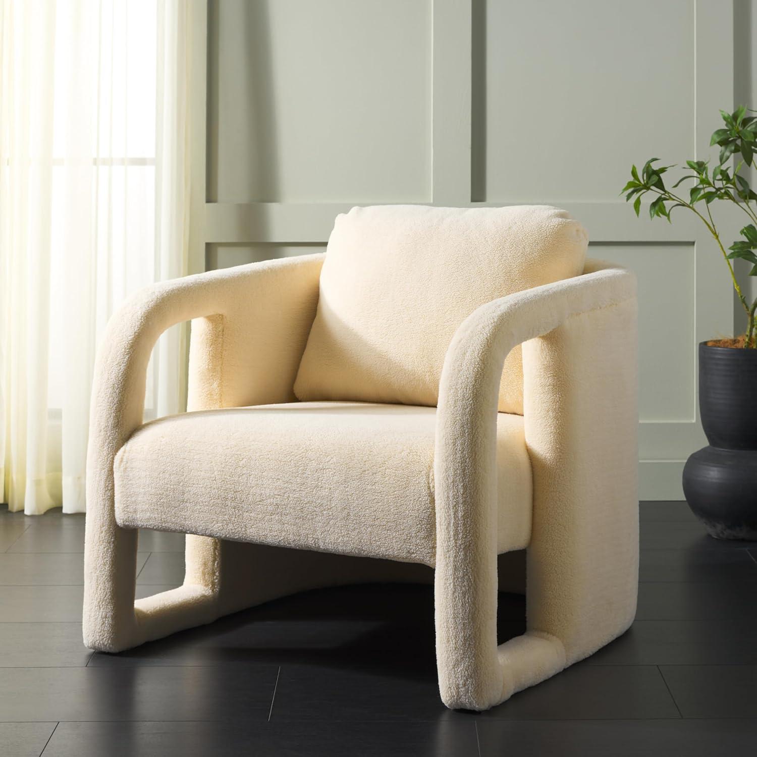 image:imageSAFAVIEH Home Collection Fifer MidCentury Modern Cream Faux Shearling Fur Accent Chair Fully AssembledCream Faux Shearling