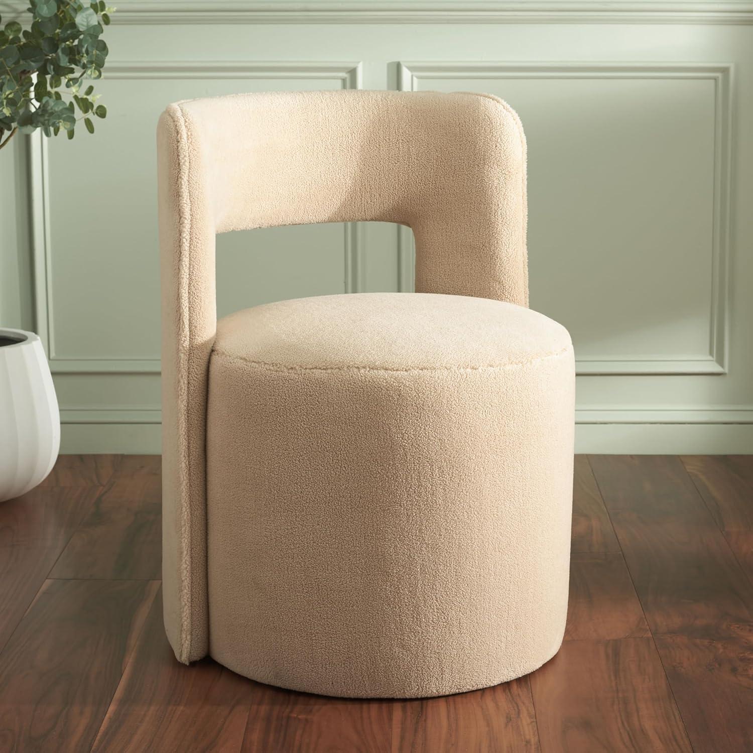 image:imageSAFAVIEH Home Collection JoJo Beige Faux Shearling Round Seat Upholstered Accent Chair Fully AssembledBeige