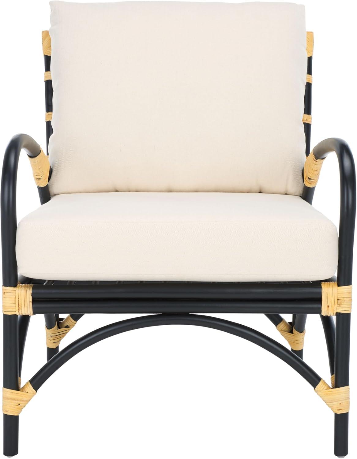 image:imageSAFAVIEH Home Collection Meara Tropical Coastal Black Rattan Accent Chair with Cushion Fully Assembled