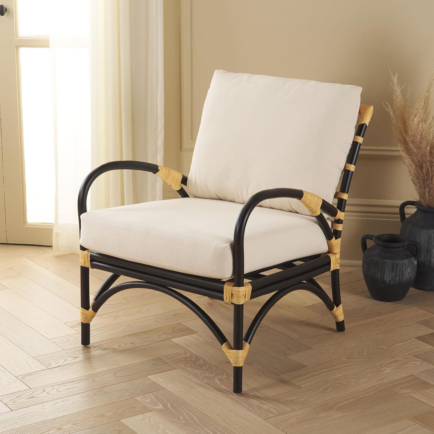 image:imageSAFAVIEH Home Collection Meara Tropical Coastal Black Rattan Accent Chair with Cushion Fully Assembled