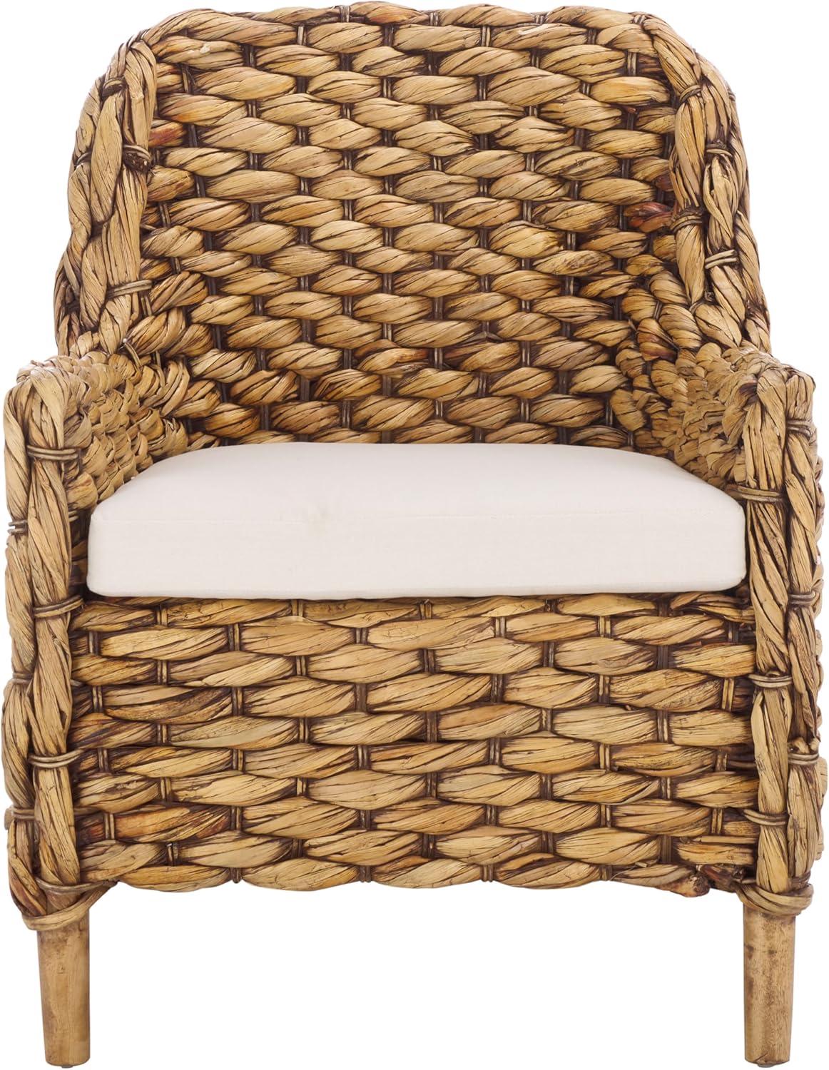 image:imageSAFAVIEH Home Collection Purrl Tropical Coastal Natural Solid Wood Hyacinth Accent Chair with Cushion Fully AssembledWhiteBrown Wash