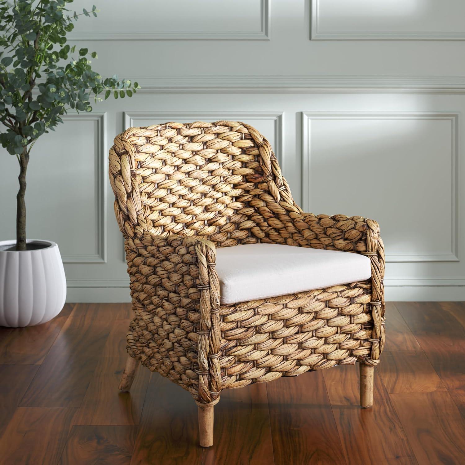 image:imageSAFAVIEH Home Collection Purrl Tropical Coastal Natural Solid Wood Hyacinth Accent Chair with Cushion Fully AssembledWhiteBrown Wash