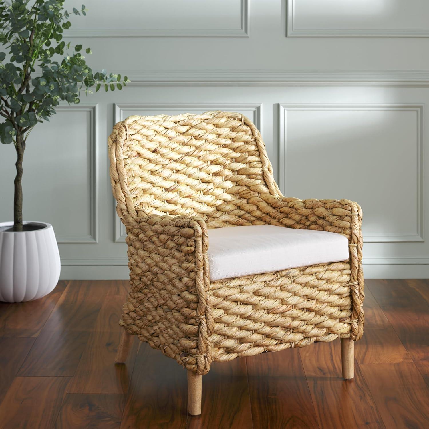 image:imageSAFAVIEH Home Collection Purrl Tropical Coastal Natural Solid Wood Hyacinth Accent Chair with Cushion Fully AssembledWhiteNatural