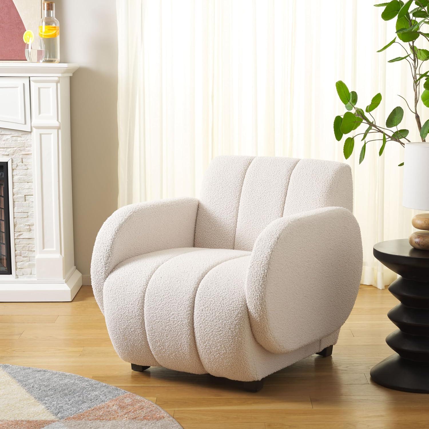 image:imageSAFAVIEH Home Collection Waylen OffWhite Channel TuftedBlack Legs Low Profile Accent Chair Fully Assembled