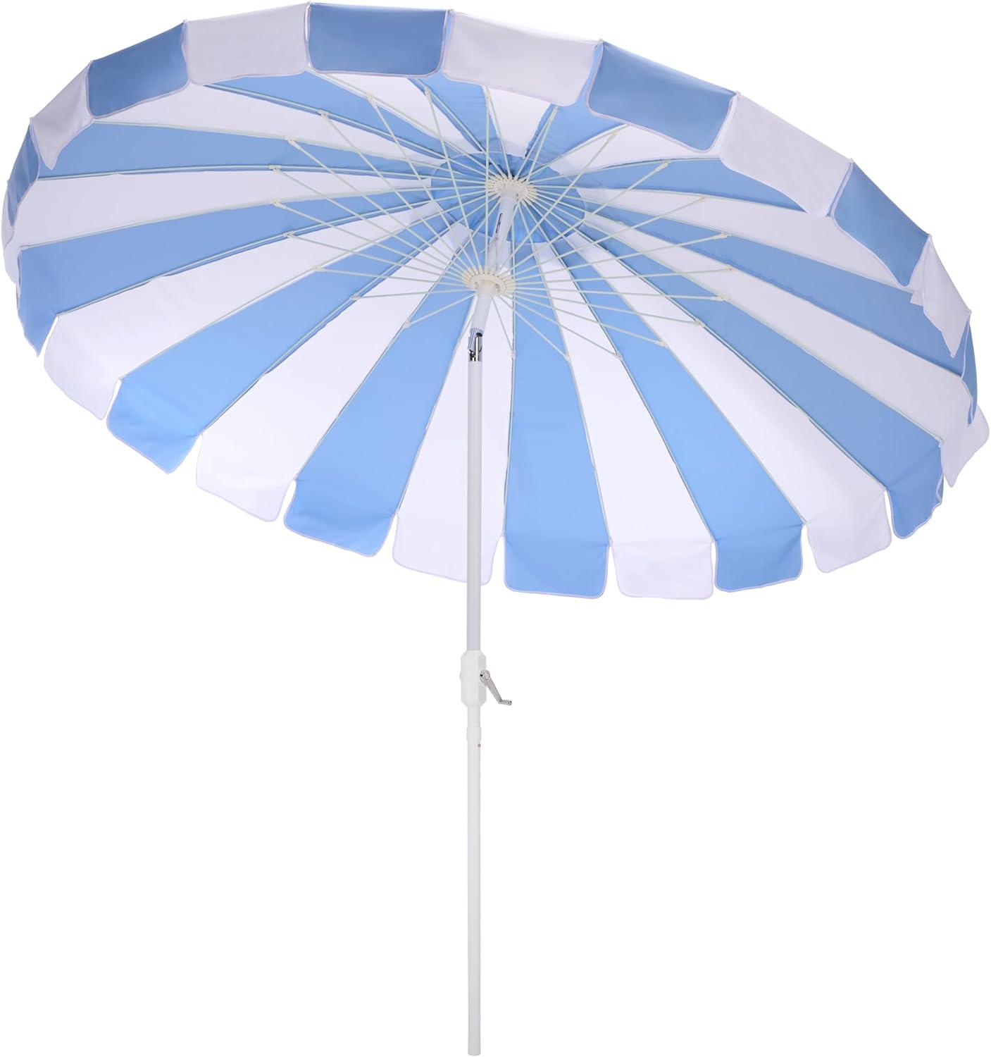 image:imageSAFAVIEH Outdoor Buti 9 FT Patio Umbrella Crank Lift Aluminum Frame with White Pole Weather Resistant for Deck Backyard Garden PAT8027Baby Blue StripeWhite