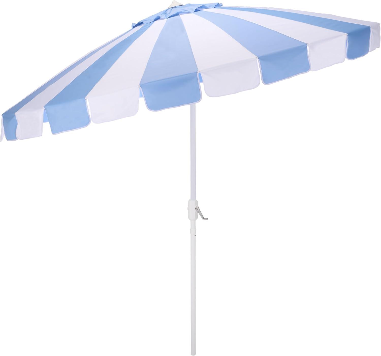 image:imageSAFAVIEH Outdoor Buti 9 FT Patio Umbrella Crank Lift Aluminum Frame with White Pole Weather Resistant for Deck Backyard Garden PAT8027Baby Blue StripeWhite