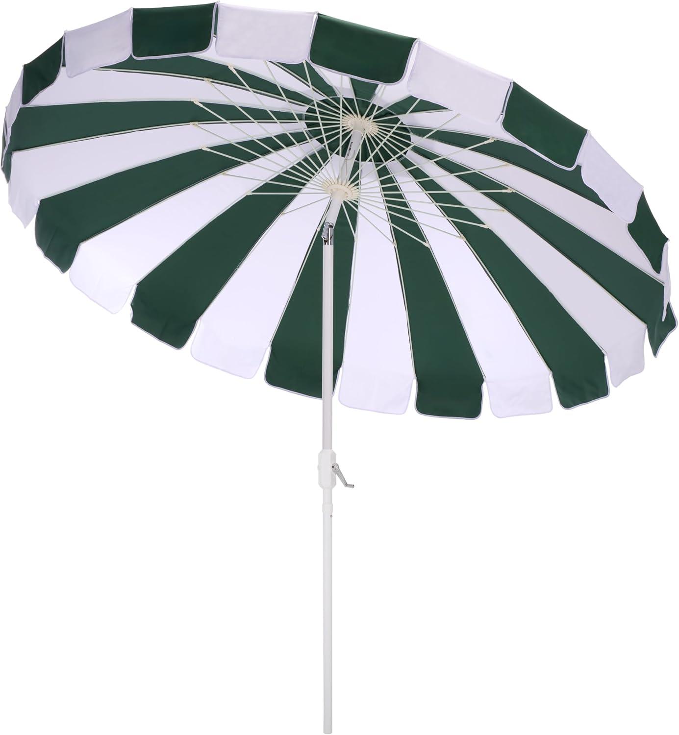 image:imageSAFAVIEH Outdoor Buti 9 FT Patio Umbrella Crank Lift Aluminum Frame with White Pole Weather Resistant for Deck Backyard Garden PAT8027Hunter Green StripeWhite