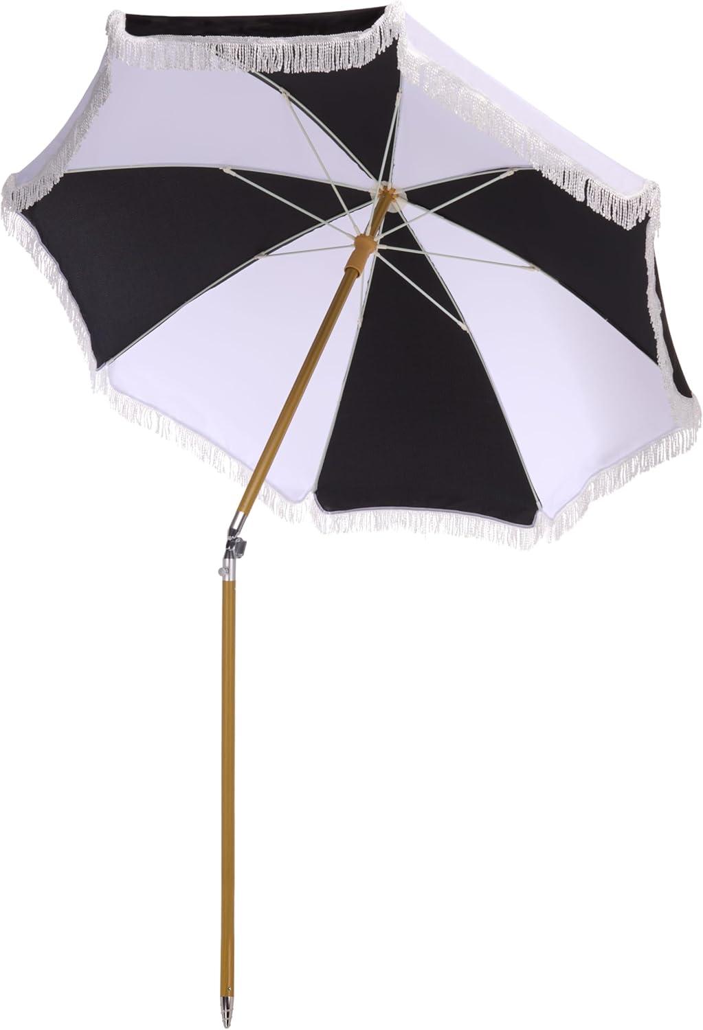 image:imageSAFAVIEH Outdoor Gallo 65 FT Beach Umbrella Canopy with White Fringe Trim Tilt Function Aluminum Pole Weather Resistant for Beach Patio Garden PAT8505Black Stripe